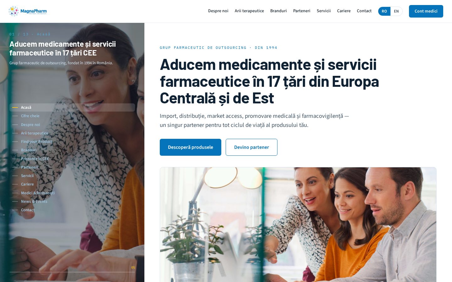 Previzualizare homepage — Split cu navigație laterală
